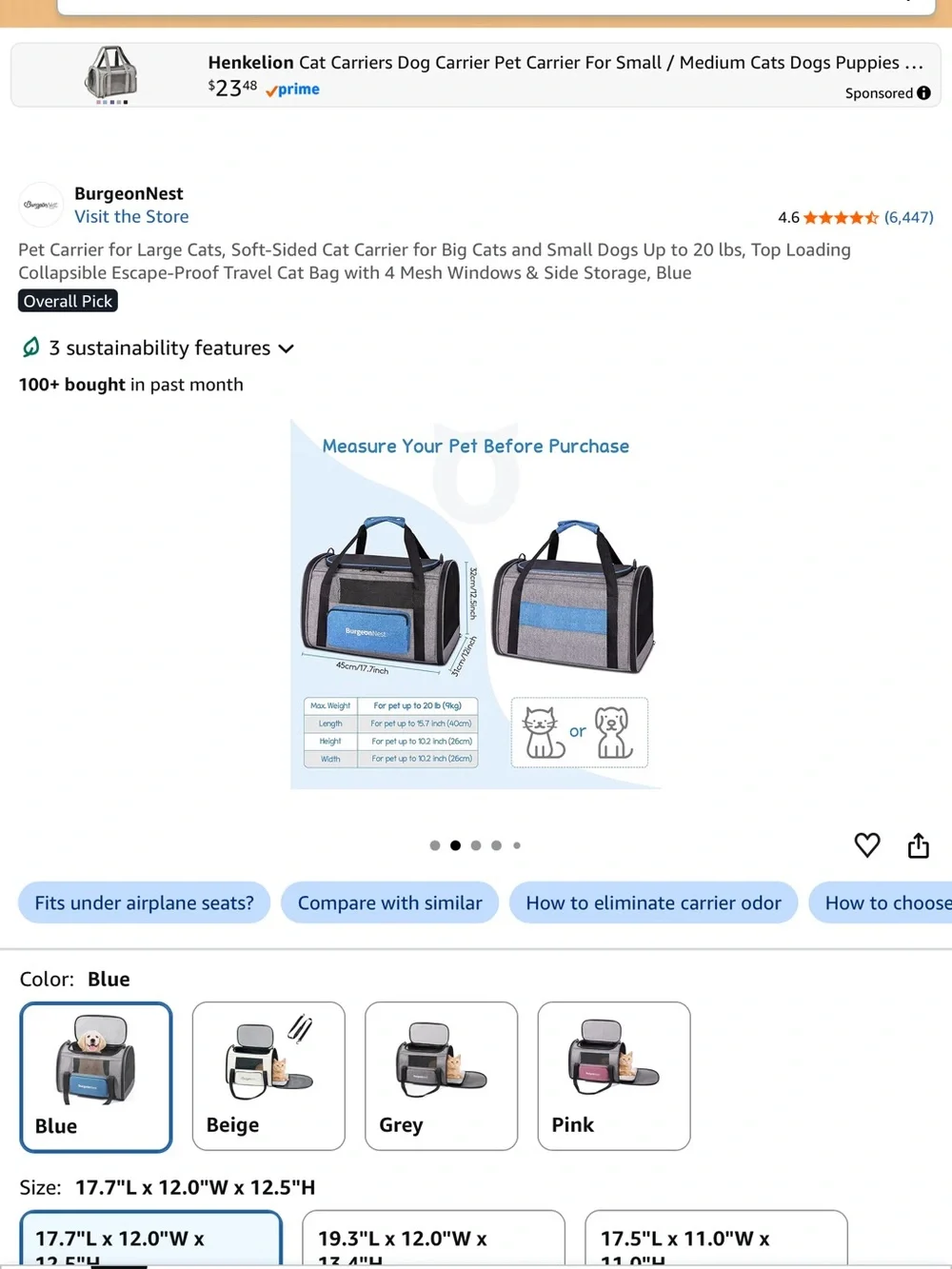 Gray and Blue Soft-Sided Cat Carrier with Front Pocket